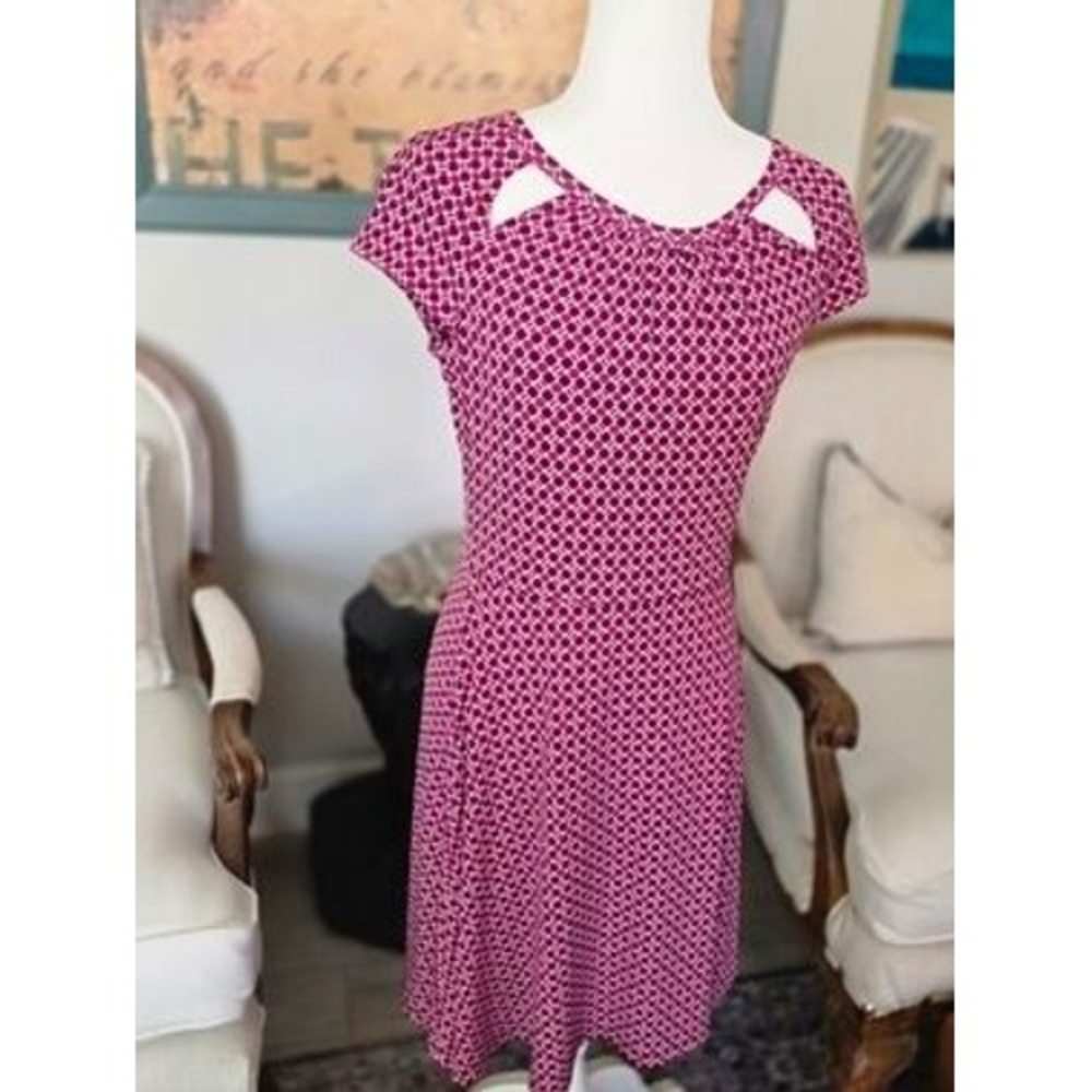 Michael Kors Womens Pink Purple Geometric Cutout Cap Sleeve Fit Flare Dress M - Picture 3 of 9